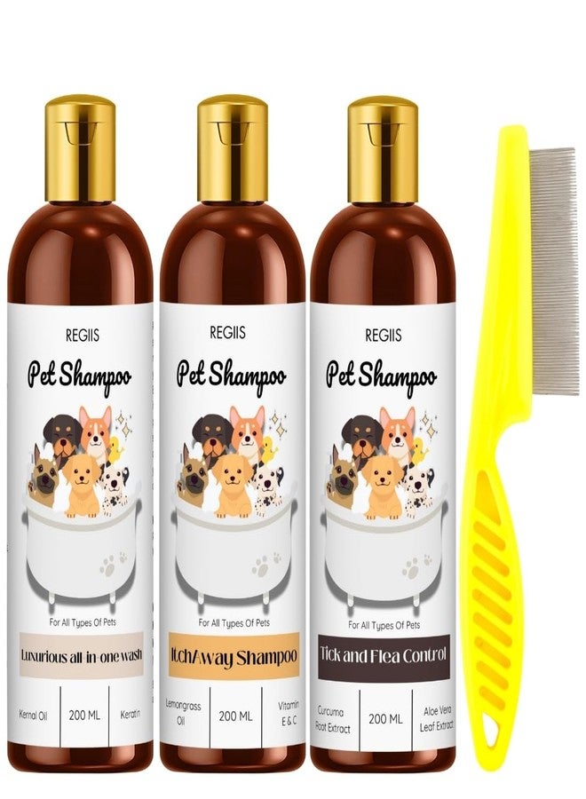 REGIIS Pet Shampoo Set for Dogs, 3 Pack with Flea Control, Itch Away, All-in-One Wash, 200ml Bottles, Includes Grooming Comb - Image 1